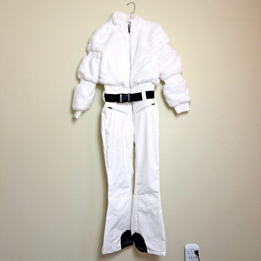 Yousify Ski Suit Womens M White Faux Fur One Piece Hooded Snowsuit Jumpsuit Belt